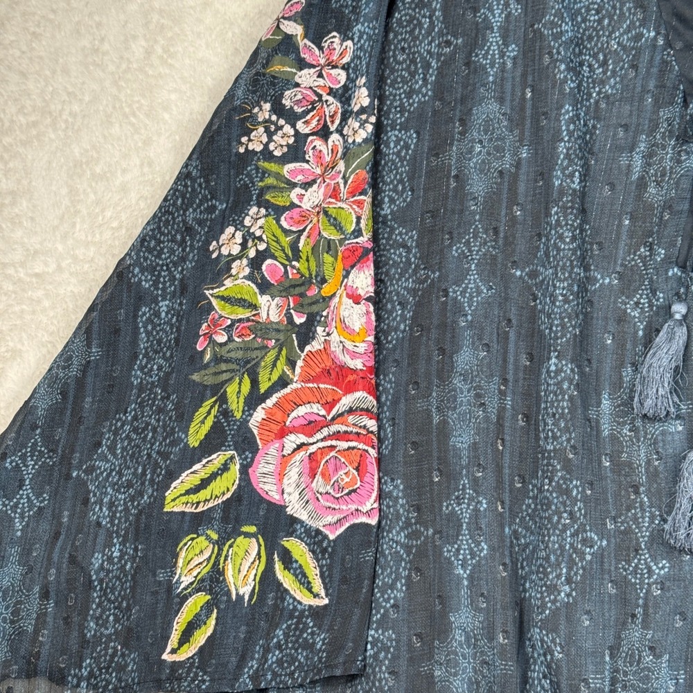 Cato Lace Up Blouse Womens 26/28 Blue Boho Floral Embroidered Sheer Smocked - Picture 4 of 11